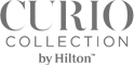 The image displays the logo for the "Curio Collection by Hilton," featuring stylized text in a serif font.