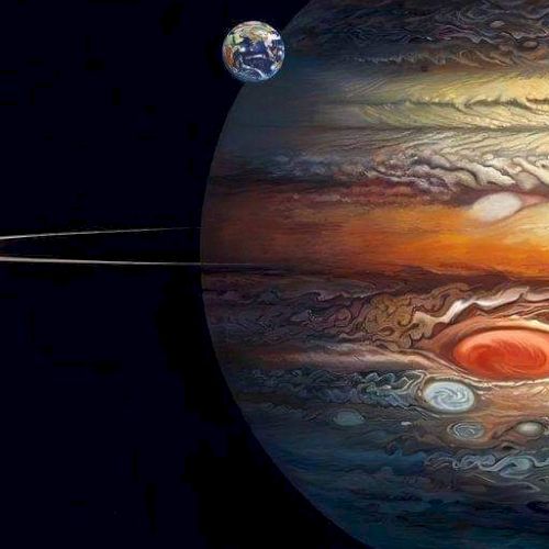 An artistic depiction of Jupiter with its Great Red Spot and swirling clouds, with Earth in the distance and a spacecraft nearby.