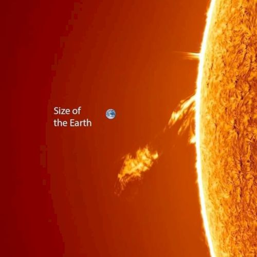 Comparison of Earth&rsquo;s size to the Sun, with Earth shown as a small dot next to the massive scale and fiery surface of the Sun.