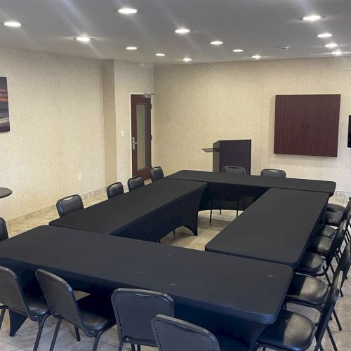A conference room with U-shaped table setup, chairs, a plant, wall art, and a TV on a stand with equipment.