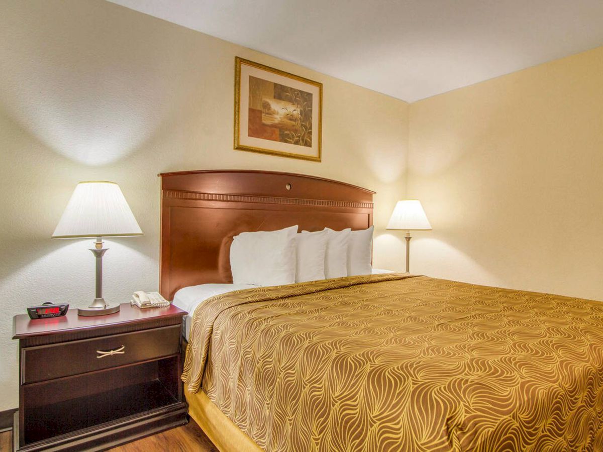 A hotel room with a bed, two bedside tables, lamps, and a framed picture above the headboard. The room has a warm and cozy atmosphere.