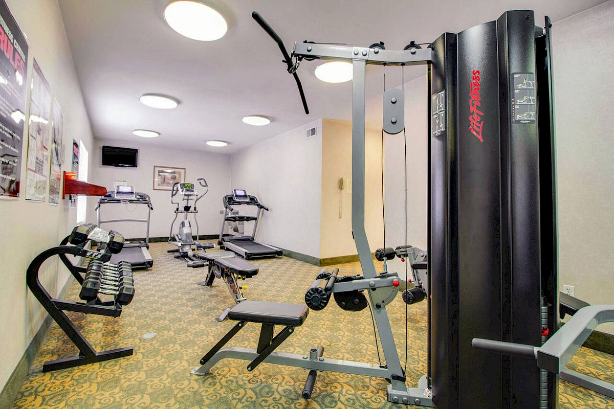 This image shows a gym with various fitness equipment, including treadmills, exercise bikes, and a multi-station workout machine.