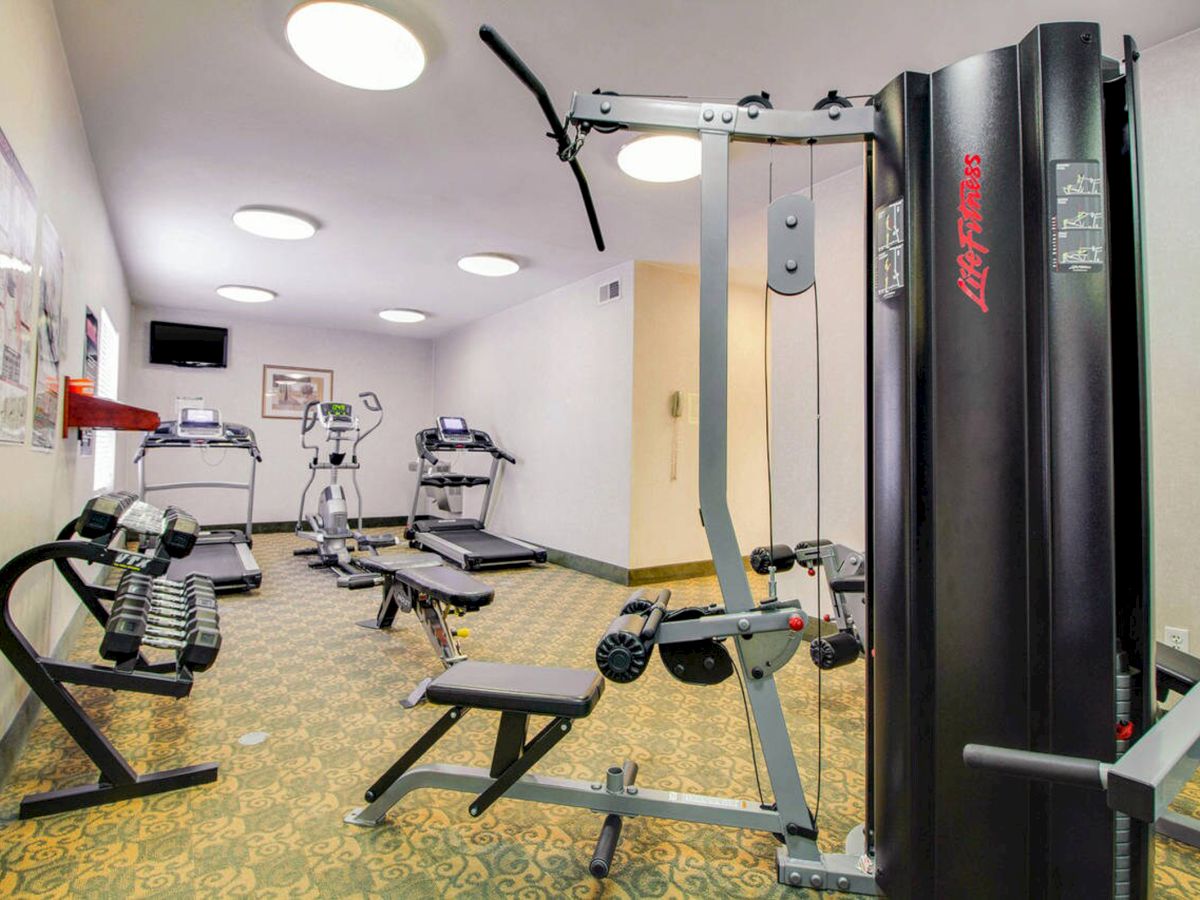 This image shows a gym with various fitness equipment, including treadmills, exercise bikes, and a multi-station workout machine.