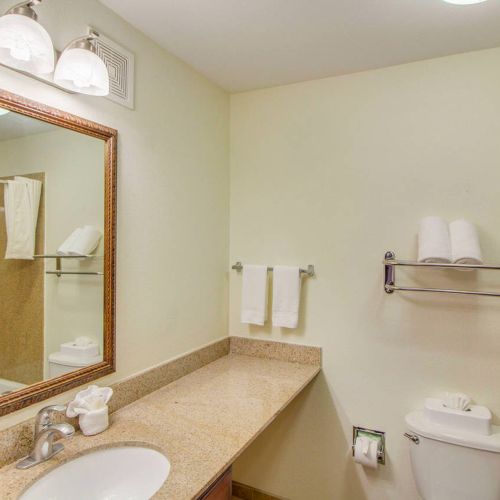 This image shows a bathroom with a countertop sink, mirror, towels, toilet, and shower area. The decor is simple and functional.