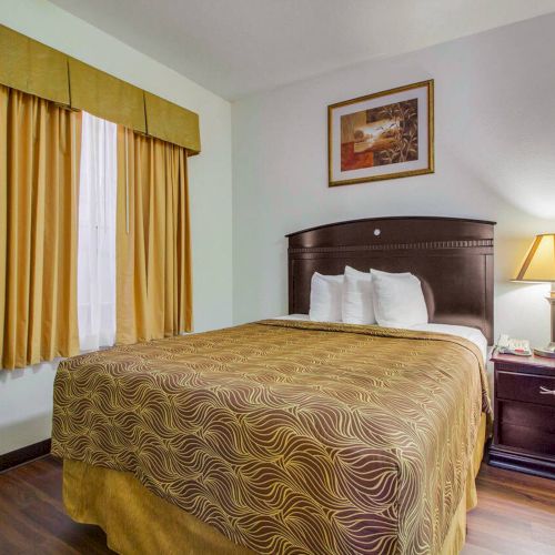 The image shows a cozy hotel room with a neatly made bed, nightstand with a lamp, framed artwork, and a window with gold curtains.